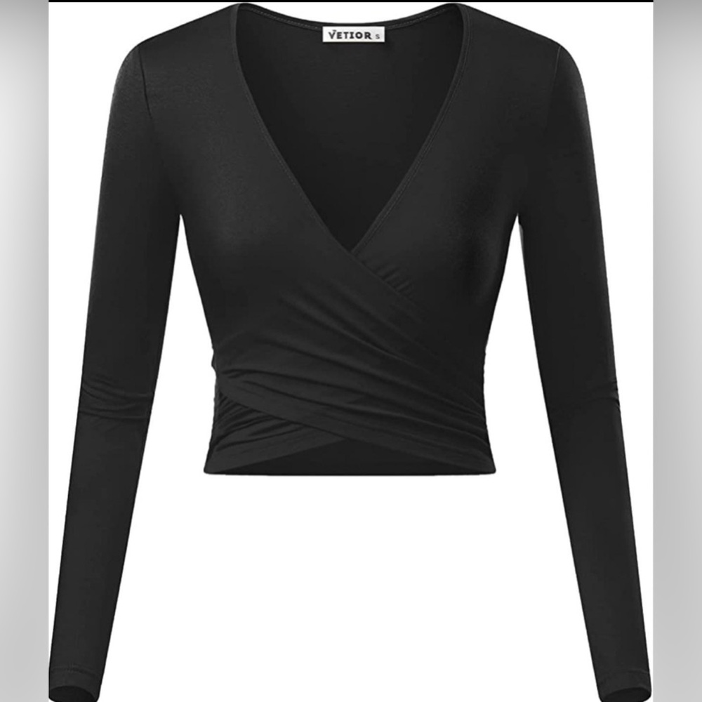 V-Neck Long Sleeve Cross Wrap Crop Top